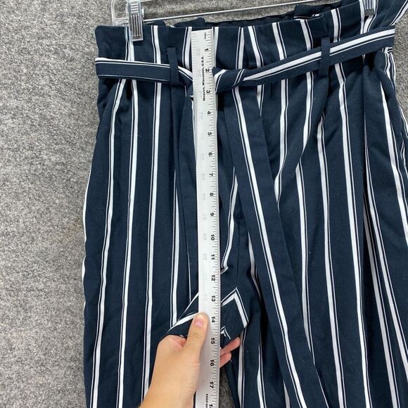 H&M Pants Women 8 Blue Striped Belted High Rise Flat Front Chino Casual Pockets - Picture 6 of 10